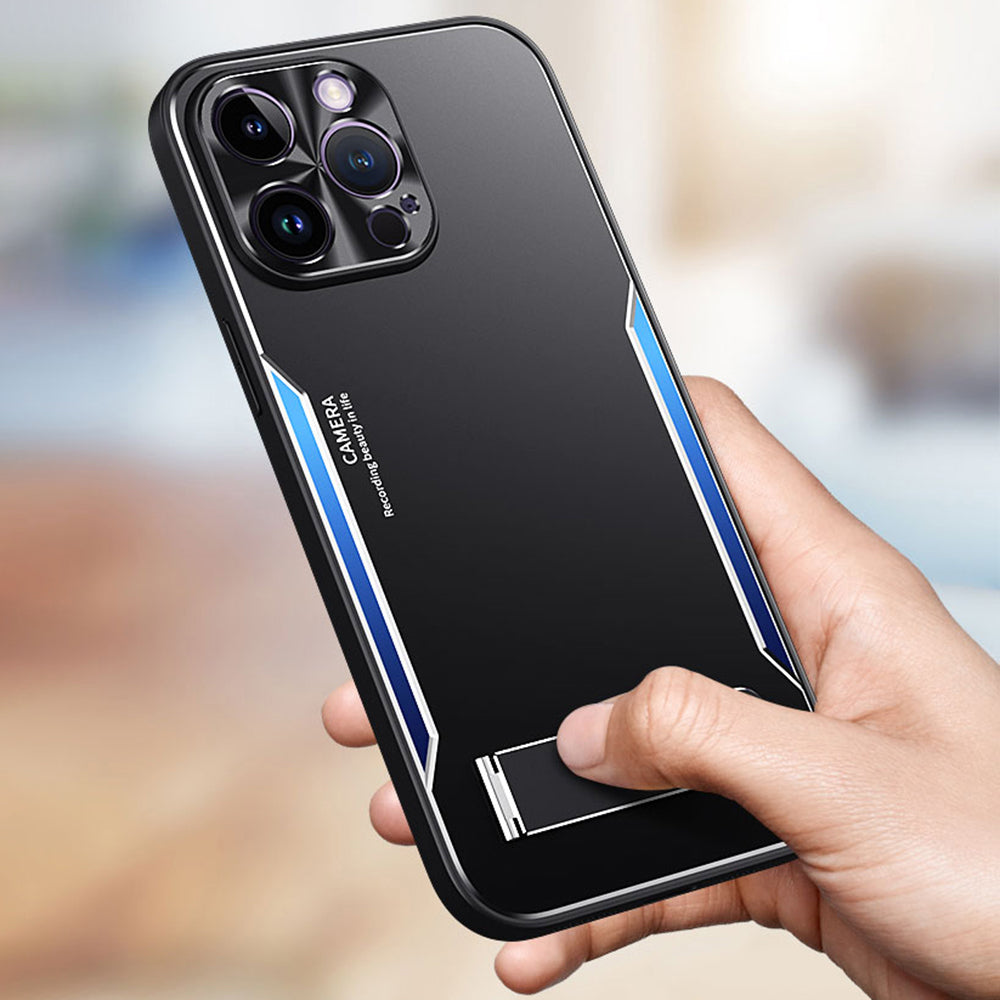 TPU+Aluminium Alloy Phone Case for iPhone 14 Pro Anti-drop Kickstand Back Cover - Blue
