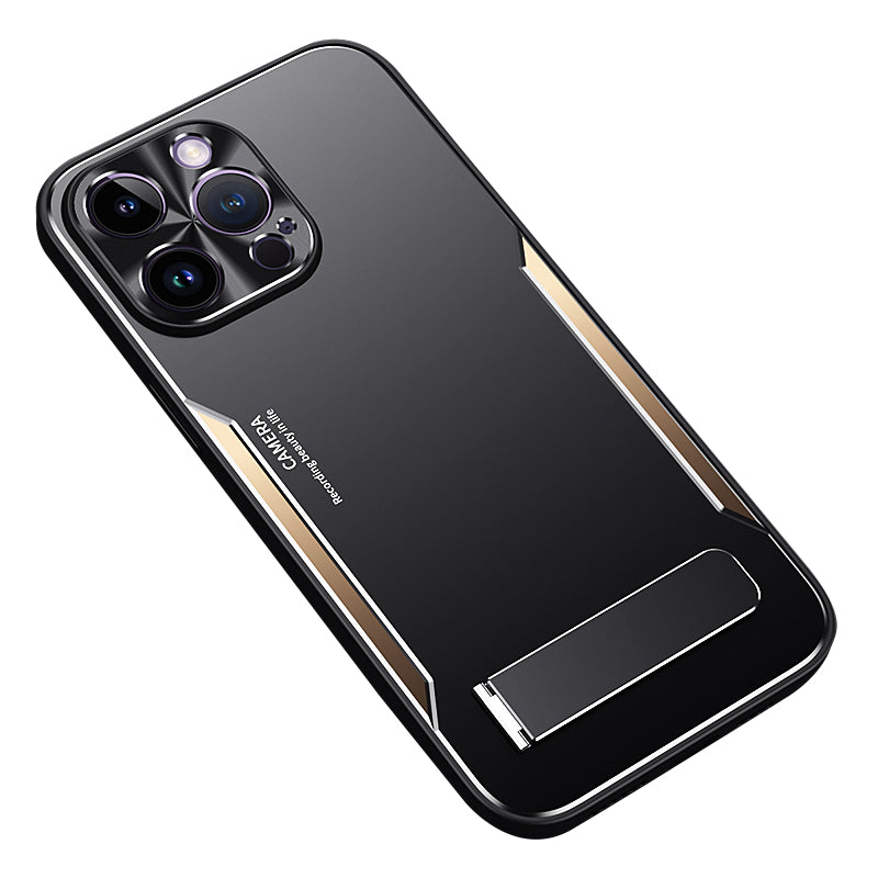 TPU+Aluminium Alloy Phone Case for iPhone 14 Pro Anti-drop Kickstand Back Cover - Gold