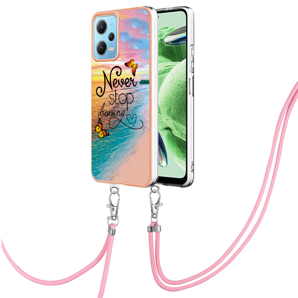 YB IMD Series-4 TPU Phone Case for Xiaomi Redmi Note 12 5G (China) / (India) / (Global) / Poco X5 5G , Marble Flower Pattern Electroplating Cover with Lanyard - Never Stop Dreaming