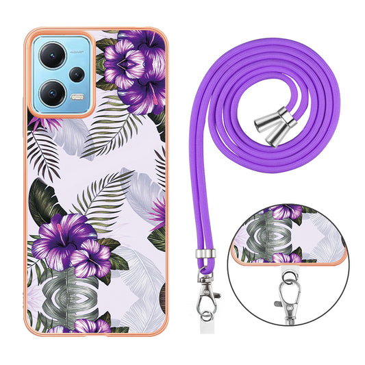 YB IMD Series-4 TPU Phone Case for Xiaomi Redmi Note 12 5G (China) / (India) / (Global) / Poco X5 5G , Marble Flower Pattern Electroplating Cover with Lanyard - Purple Flowers