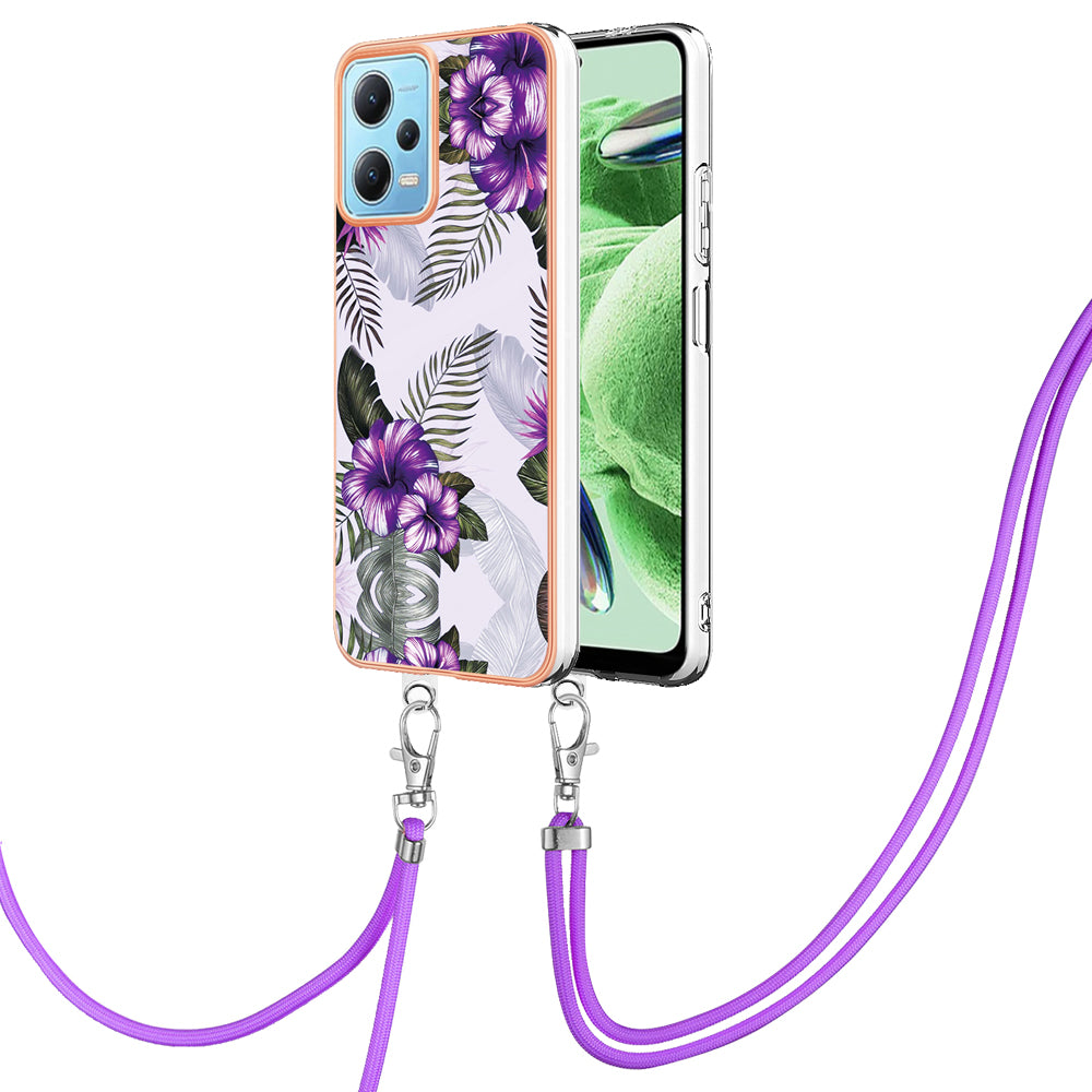 YB IMD Series-4 TPU Phone Case for Xiaomi Redmi Note 12 5G (China) / (India) / (Global) / Poco X5 5G , Marble Flower Pattern Electroplating Cover with Lanyard - Purple Flowers