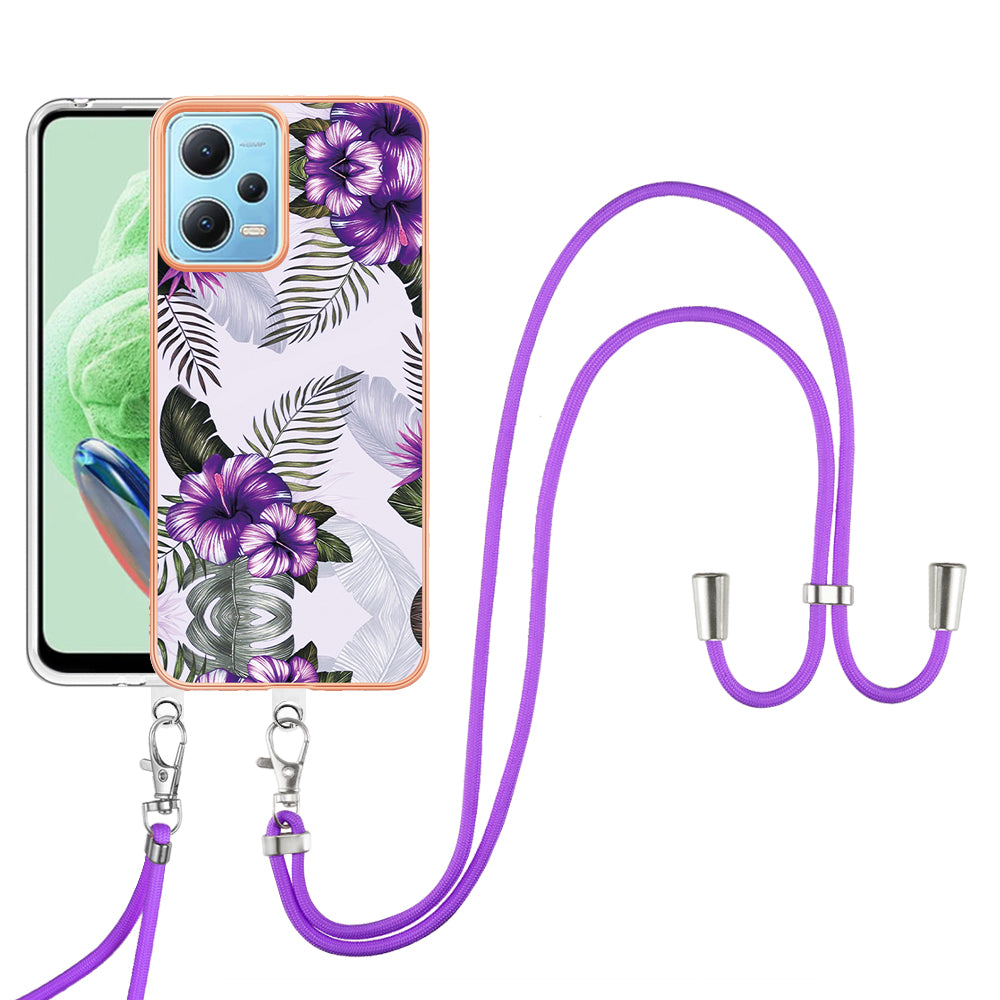 YB IMD Series-4 TPU Phone Case for Xiaomi Redmi Note 12 5G (China) / (India) / (Global) / Poco X5 5G , Marble Flower Pattern Electroplating Cover with Lanyard - Purple Flowers