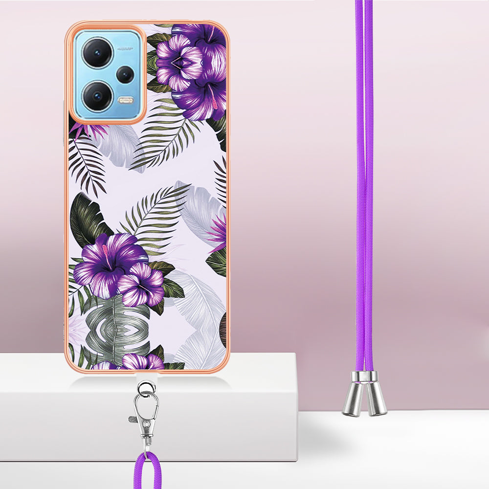 YB IMD Series-4 TPU Phone Case for Xiaomi Redmi Note 12 5G (China) / (India) / (Global) / Poco X5 5G , Marble Flower Pattern Electroplating Cover with Lanyard - Purple Flowers