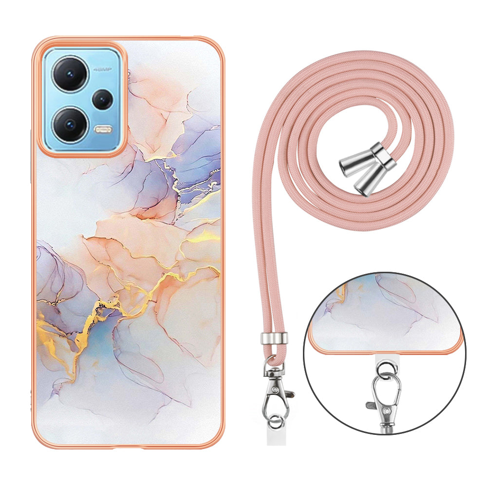 YB IMD Series-4 TPU Phone Case for Xiaomi Redmi Note 12 5G (China) / (India) / (Global) / Poco X5 5G , Marble Flower Pattern Electroplating Cover with Lanyard - Milky Way Marble White