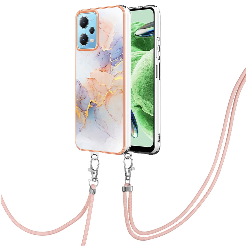 YB IMD Series-4 TPU Phone Case for Xiaomi Redmi Note 12 5G (China) / (India) / (Global) / Poco X5 5G , Marble Flower Pattern Electroplating Cover with Lanyard - Milky Way Marble White