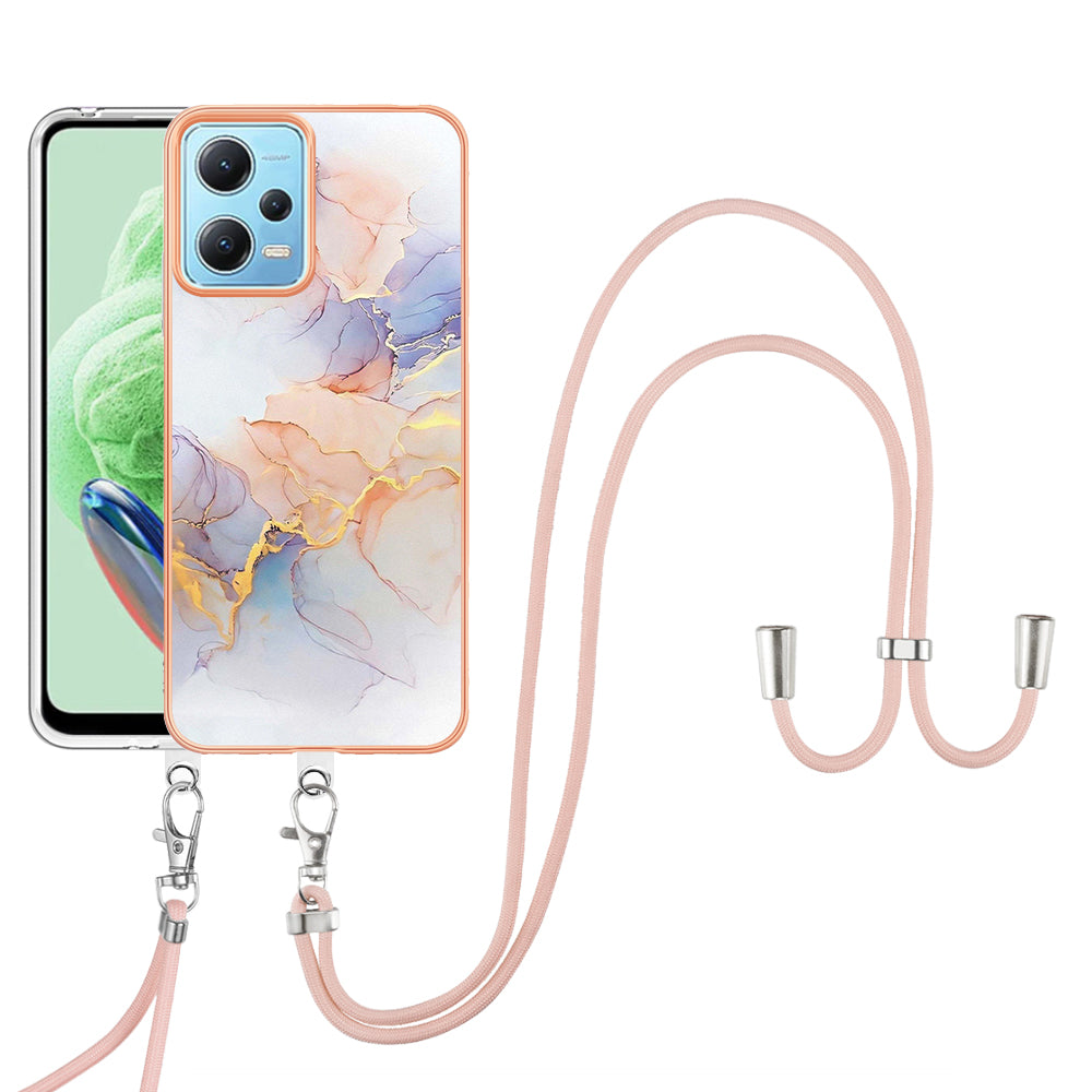 YB IMD Series-4 TPU Phone Case for Xiaomi Redmi Note 12 5G (China) / (India) / (Global) / Poco X5 5G , Marble Flower Pattern Electroplating Cover with Lanyard - Milky Way Marble White