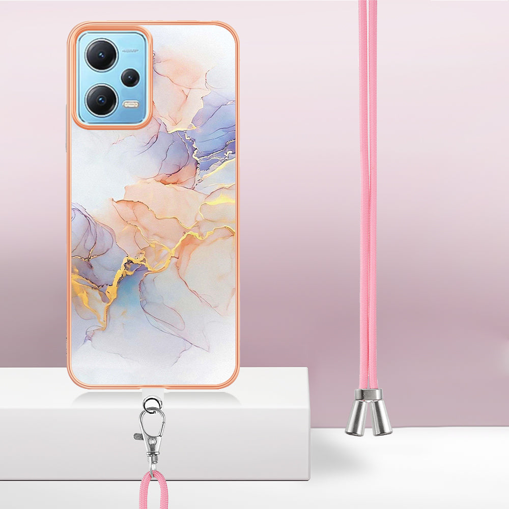 YB IMD Series-4 TPU Phone Case for Xiaomi Redmi Note 12 5G (China) / (India) / (Global) / Poco X5 5G , Marble Flower Pattern Electroplating Cover with Lanyard - Milky Way Marble White