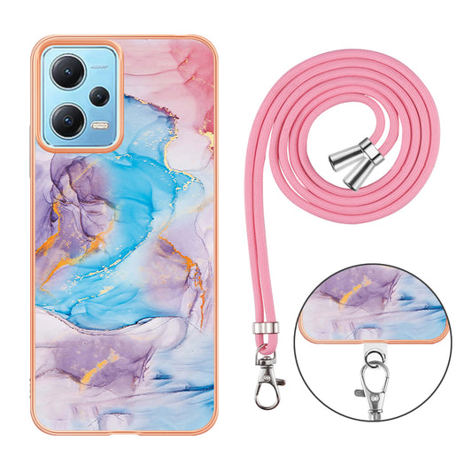 YB IMD Series-4 TPU Phone Case for Xiaomi Redmi Note 12 5G (China) / (India) / (Global) / Poco X5 5G , Marble Flower Pattern Electroplating Cover with Lanyard - Milky Way Marble Blue