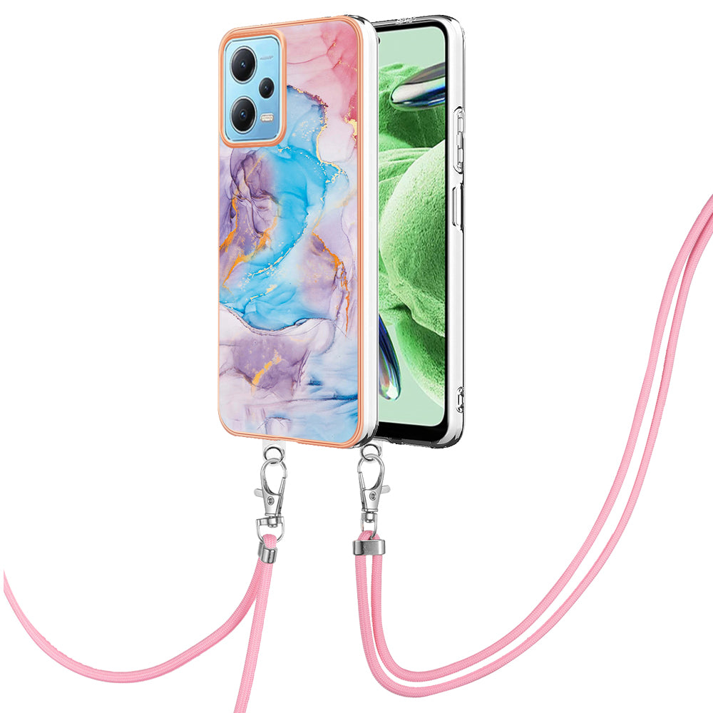 YB IMD Series-4 TPU Phone Case for Xiaomi Redmi Note 12 5G (China) / (India) / (Global) / Poco X5 5G , Marble Flower Pattern Electroplating Cover with Lanyard - Milky Way Marble Blue