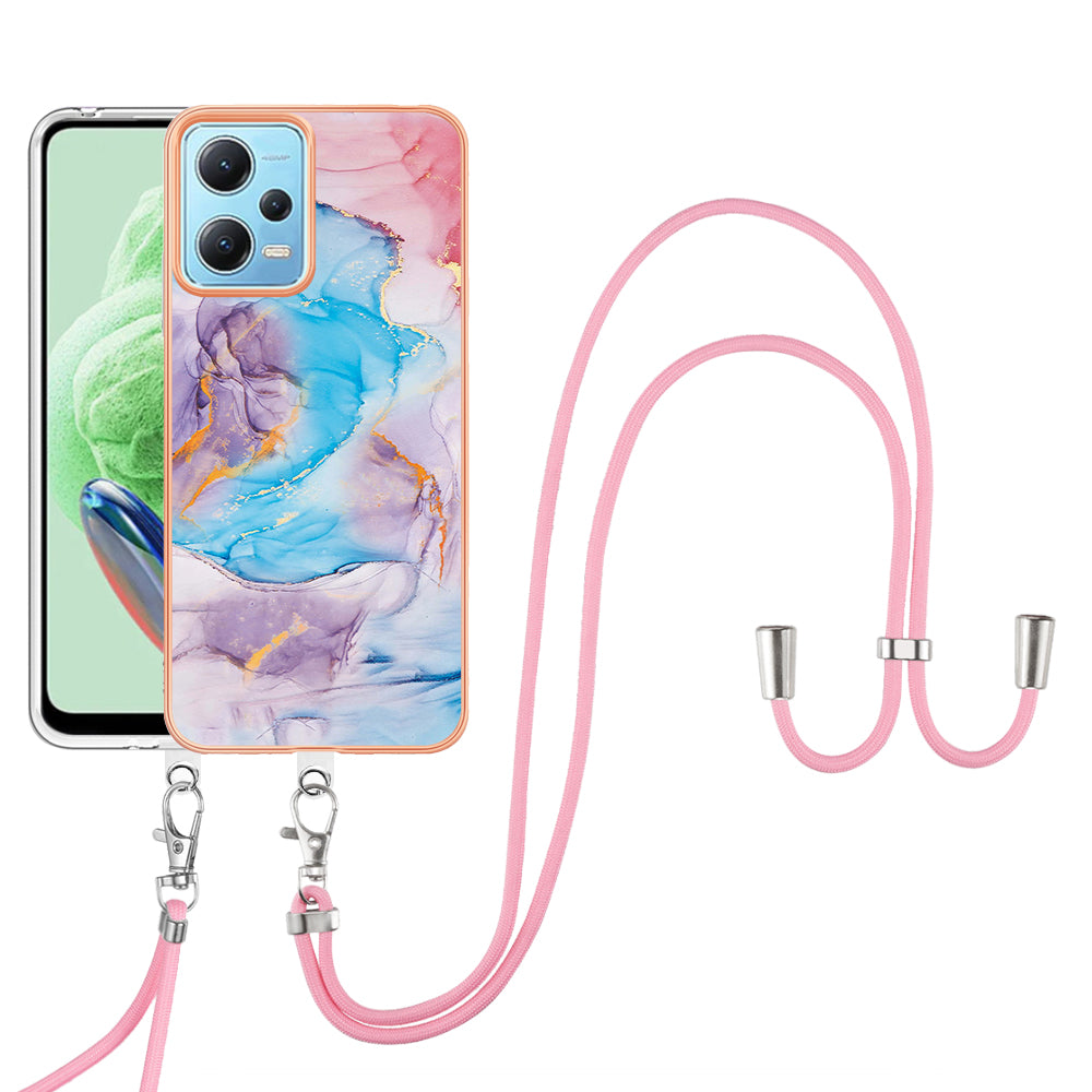 YB IMD Series-4 TPU Phone Case for Xiaomi Redmi Note 12 5G (China) / (India) / (Global) / Poco X5 5G , Marble Flower Pattern Electroplating Cover with Lanyard - Milky Way Marble Blue