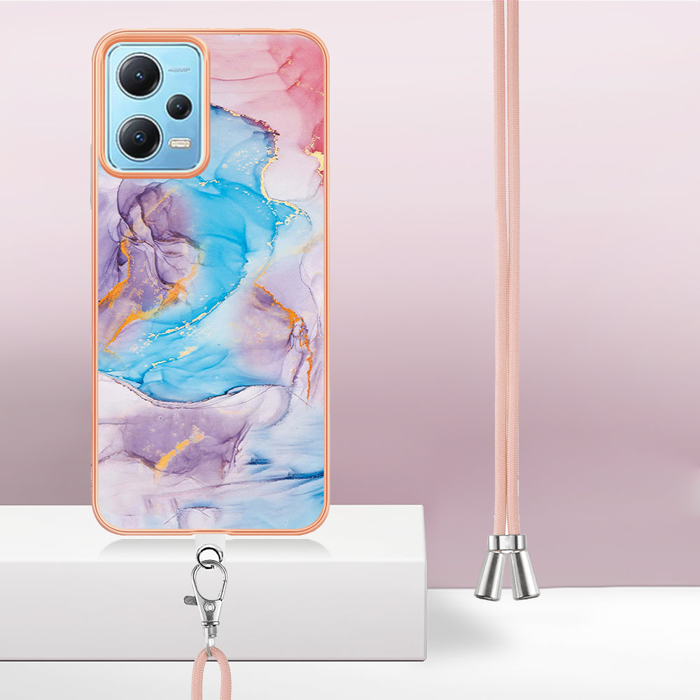 YB IMD Series-4 TPU Phone Case for Xiaomi Redmi Note 12 5G (China) / (India) / (Global) / Poco X5 5G , Marble Flower Pattern Electroplating Cover with Lanyard - Milky Way Marble Blue