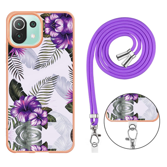 YB IMD Series-4 Electroplating Edge Phone Case for Xiaomi Mi 11 Lite 4G / 5G / 11 Lite 5G NE , Marble Flower Pattern TPU Cover with Lanyard - Purple Flowers