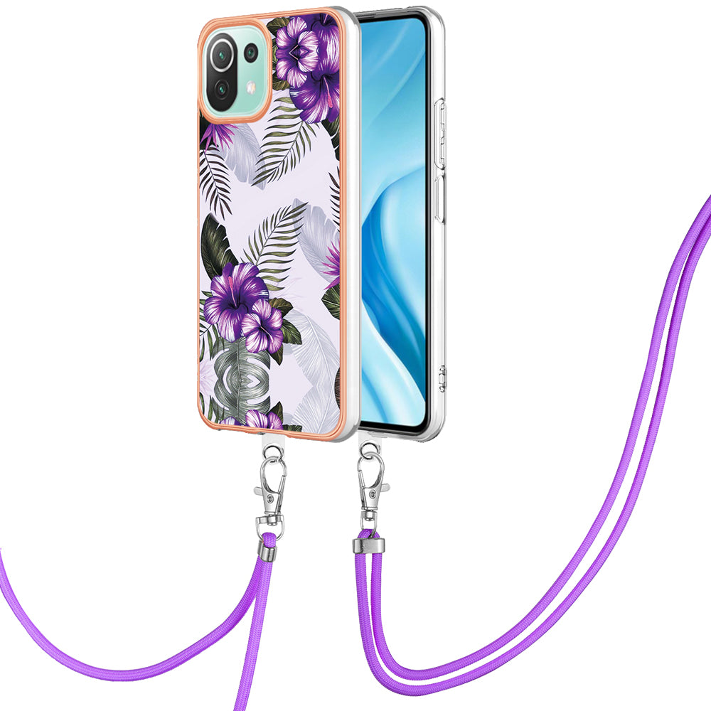 YB IMD Series-4 Electroplating Edge Phone Case for Xiaomi Mi 11 Lite 4G / 5G / 11 Lite 5G NE , Marble Flower Pattern TPU Cover with Lanyard - Purple Flowers