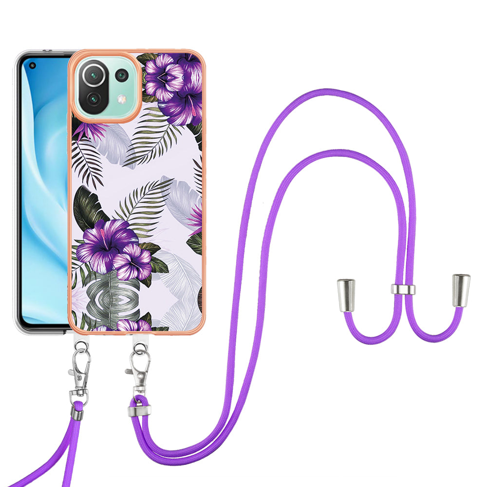 YB IMD Series-4 Electroplating Edge Phone Case for Xiaomi Mi 11 Lite 4G / 5G / 11 Lite 5G NE , Marble Flower Pattern TPU Cover with Lanyard - Purple Flowers
