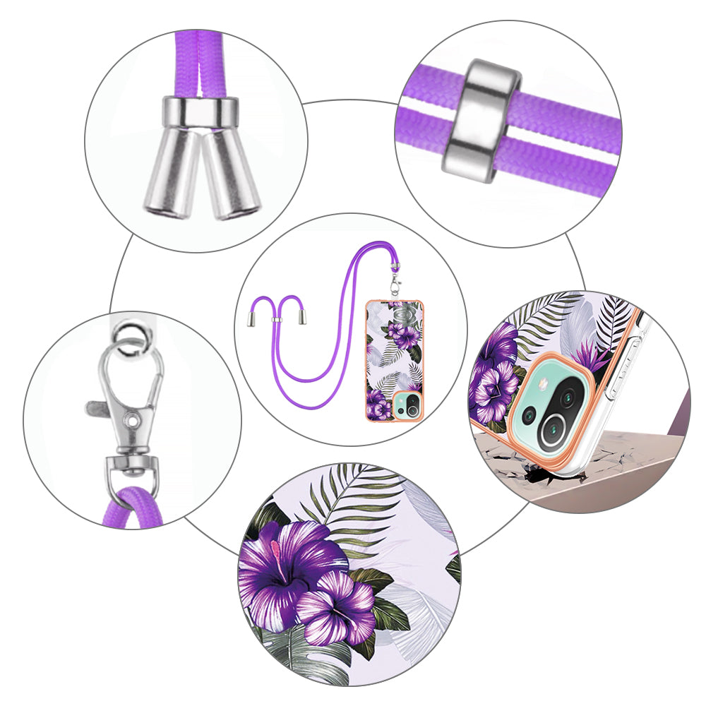 YB IMD Series-4 Electroplating Edge Phone Case for Xiaomi Mi 11 Lite 4G / 5G / 11 Lite 5G NE , Marble Flower Pattern TPU Cover with Lanyard - Purple Flowers