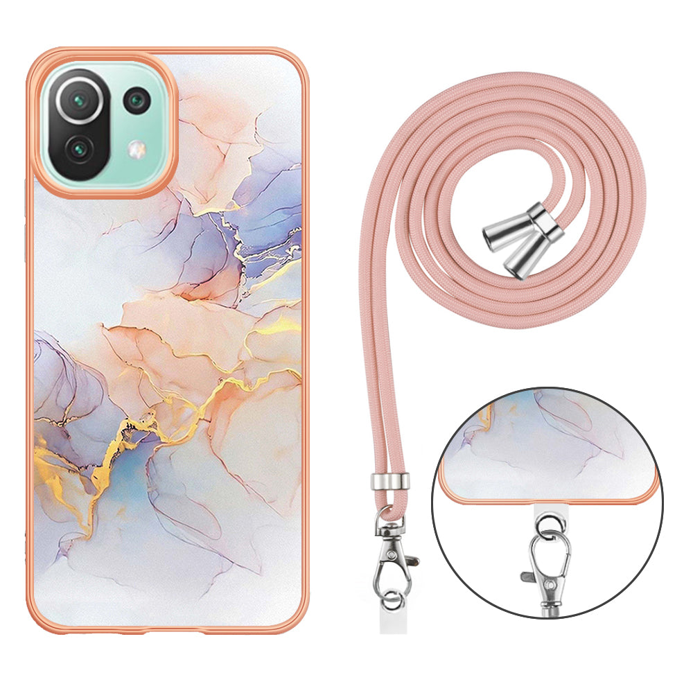 YB IMD Series-4 Electroplating Edge Phone Case for Xiaomi Mi 11 Lite 4G / 5G / 11 Lite 5G NE , Marble Flower Pattern TPU Cover with Lanyard - Milky Way Marble White