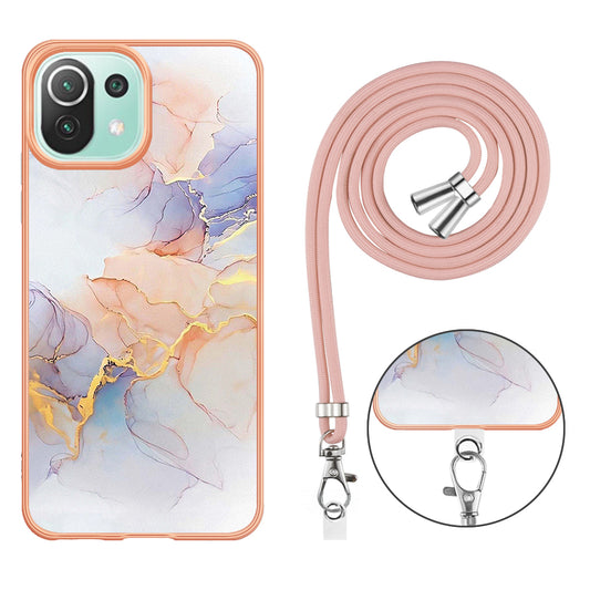 YB IMD Series-4 Electroplating Edge Phone Case for Xiaomi Mi 11 Lite 4G / 5G / 11 Lite 5G NE , Marble Flower Pattern TPU Cover with Lanyard - Milky Way Marble White