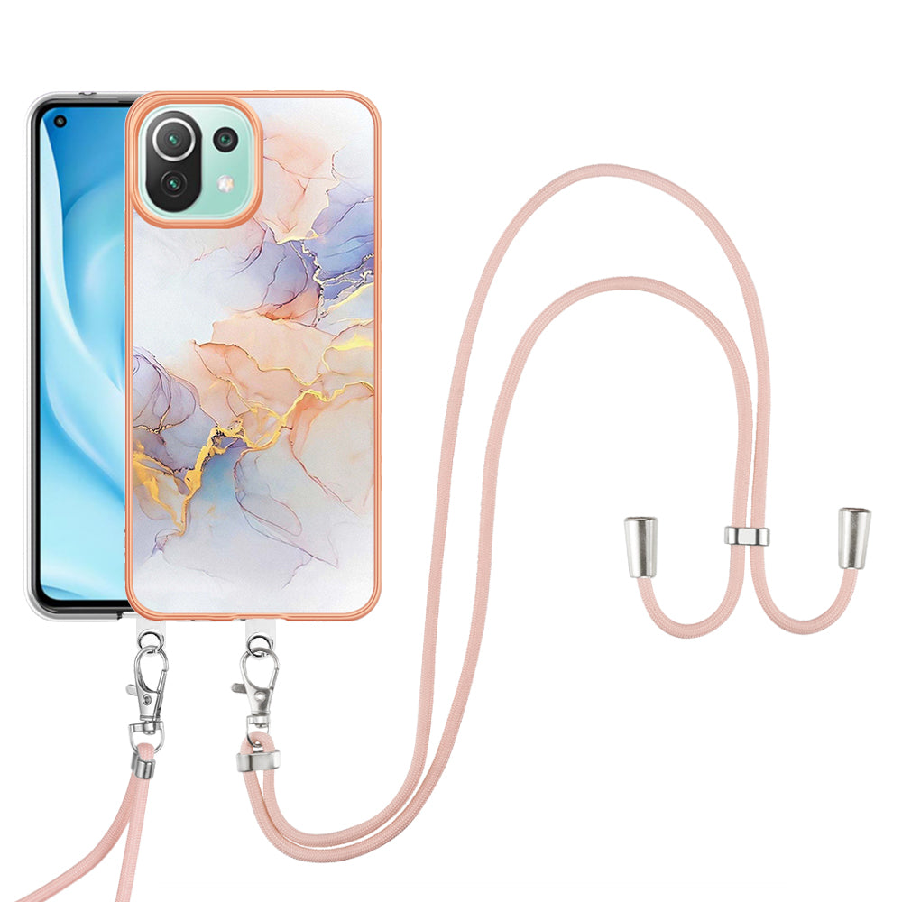YB IMD Series-4 Electroplating Edge Phone Case for Xiaomi Mi 11 Lite 4G / 5G / 11 Lite 5G NE , Marble Flower Pattern TPU Cover with Lanyard - Milky Way Marble White