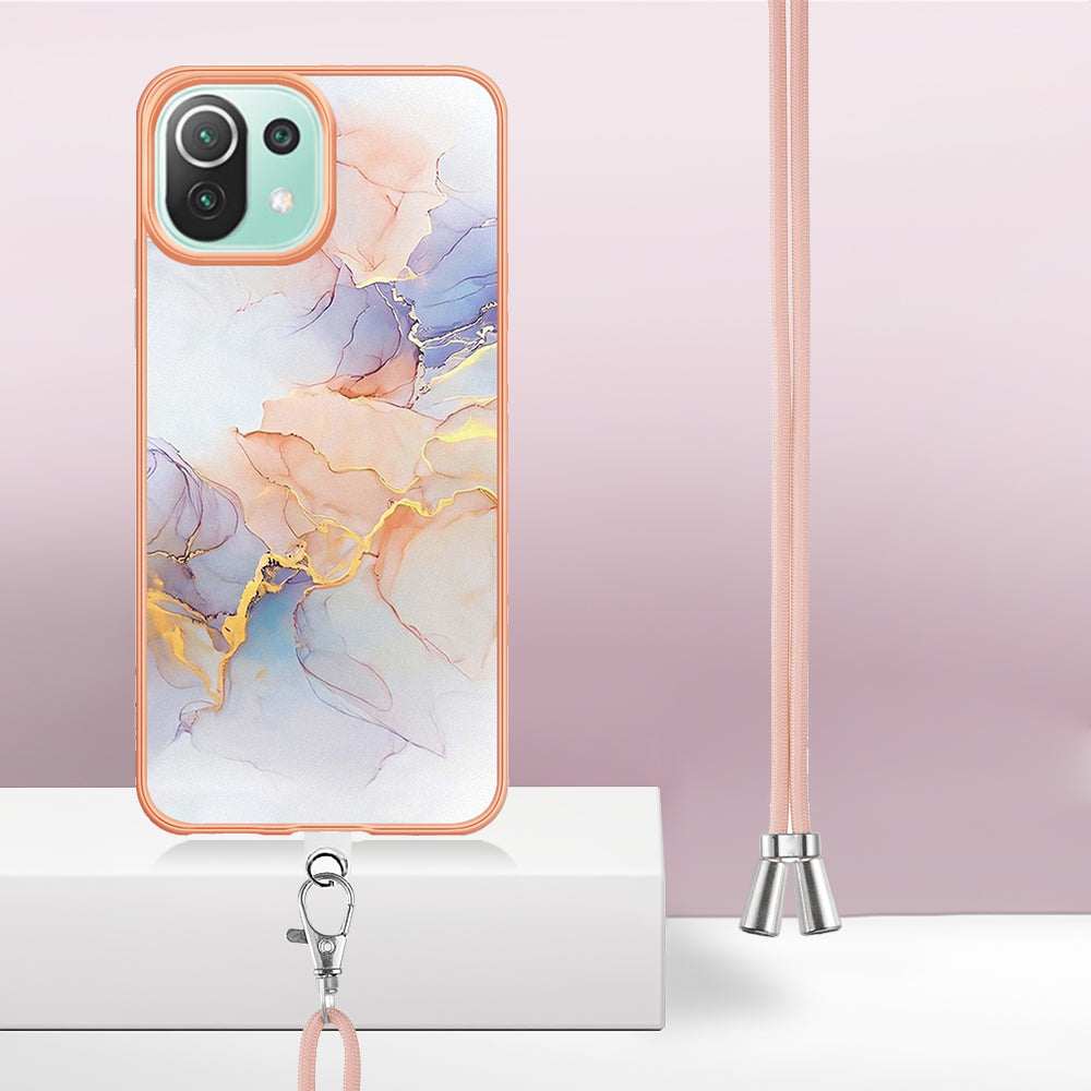 YB IMD Series-4 Electroplating Edge Phone Case for Xiaomi Mi 11 Lite 4G / 5G / 11 Lite 5G NE , Marble Flower Pattern TPU Cover with Lanyard - Milky Way Marble White