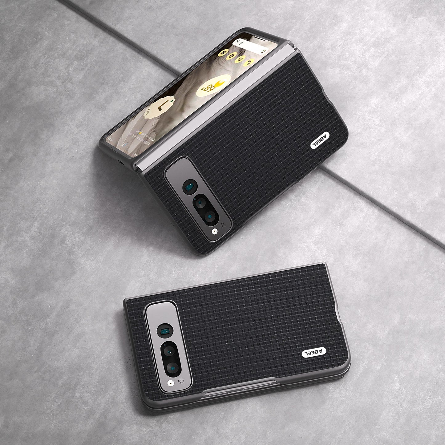 Uniqkart For Google Pixel Fold Cowhide Leather Coated PC Phone Case Folding Phone Cover - Black