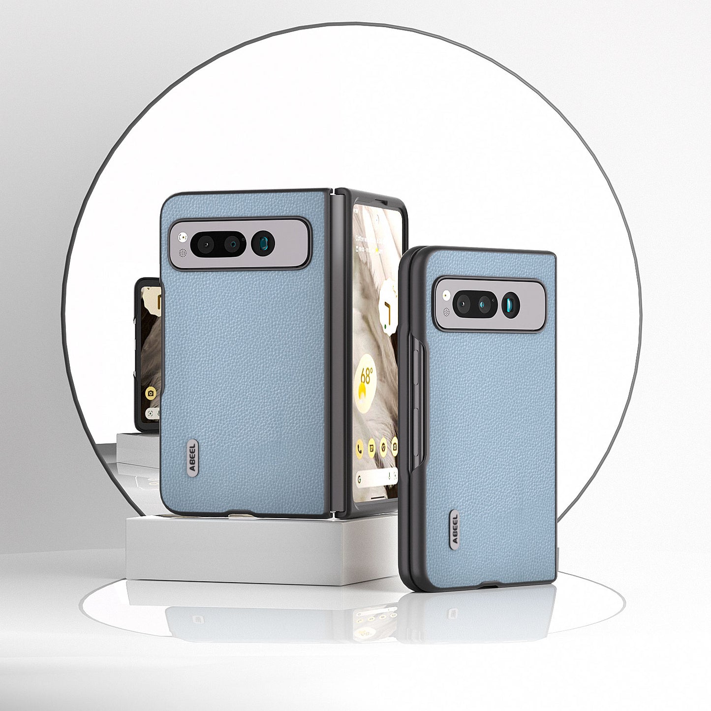 Uniqkart For Google Pixel Fold Litchi Texture Phone Case Cowhide Leather Coated PC Folding Phone Cover - Baby Blue