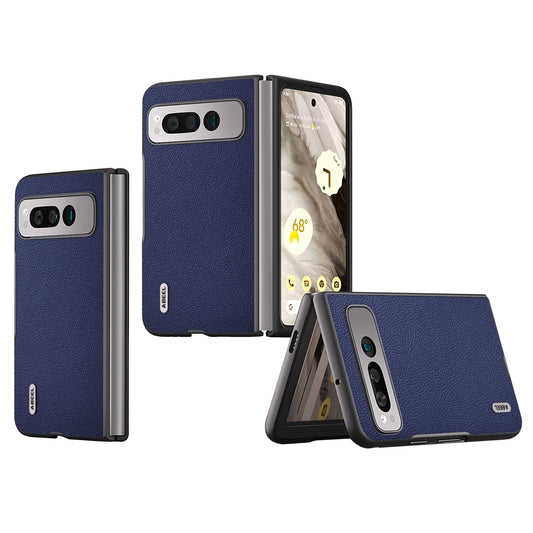 Uniqkart For Google Pixel Fold Litchi Texture Phone Case Cowhide Leather Coated PC Folding Phone Cover - Blue