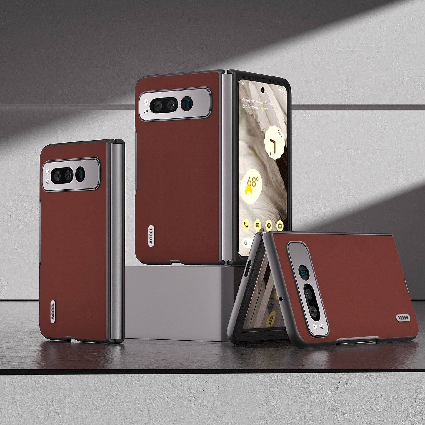 Uniqkart for Google Pixel Fold Cowhide Leather+PC Phone Case Anti-Fall  Protective Cover - Coffee