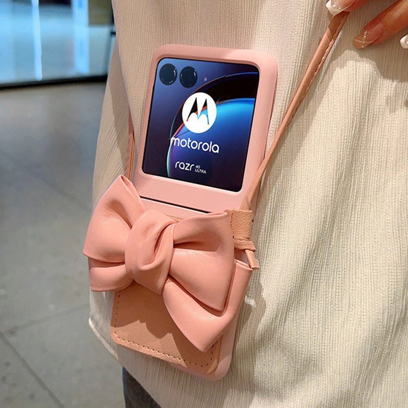 Uniqkart for Motorola Razr 40 Ultra 5G Crossbody Phone Case Bowknot Decor Leather Coated PC Cover with Shoulder Strap