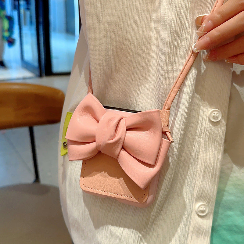 Uniqkart for Motorola Razr 40 Ultra 5G Crossbody Phone Case Bowknot Decor Leather Coated PC Cover with Shoulder Strap
