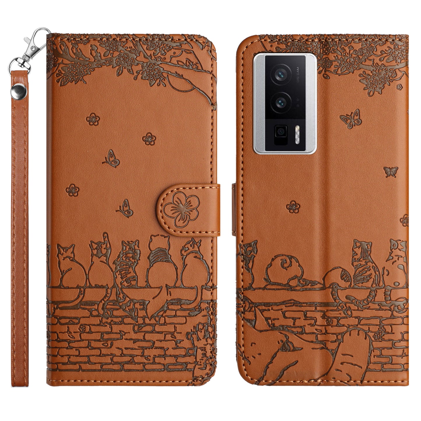 Uniqkart for Xiaomi Poco F5 Pro 5G / Redmi K60 5G / K60 Pro 5G Wallet Leather Phone Case Wall Cats Imprinted Stand Cover with Strap - Brown