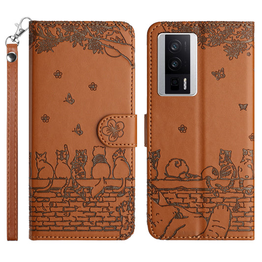 Uniqkart for Xiaomi Poco F5 Pro 5G / Redmi K60 5G / K60 Pro 5G Wallet Leather Phone Case Wall Cats Imprinted Stand Cover with Strap - Brown
