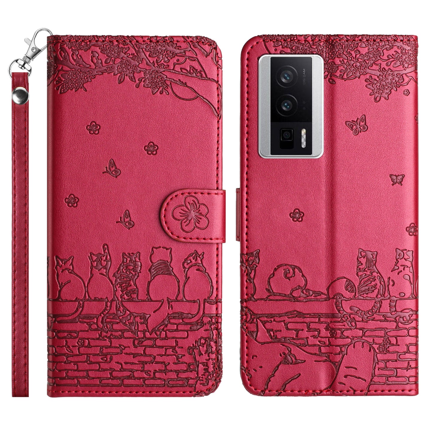 Uniqkart for Xiaomi Poco F5 Pro 5G / Redmi K60 5G / K60 Pro 5G Wallet Leather Phone Case Wall Cats Imprinted Stand Cover with Strap - Red