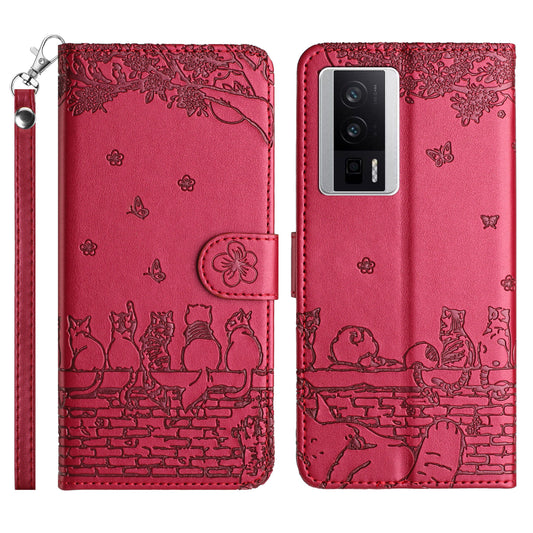 Uniqkart for Xiaomi Poco F5 Pro 5G / Redmi K60 5G / K60 Pro 5G Wallet Leather Phone Case Wall Cats Imprinted Stand Cover with Strap - Red