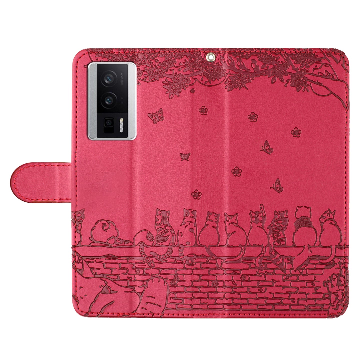 Uniqkart for Xiaomi Poco F5 Pro 5G / Redmi K60 5G / K60 Pro 5G Wallet Leather Phone Case Wall Cats Imprinted Stand Cover with Strap - Red