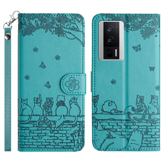 Uniqkart for Xiaomi Poco F5 Pro 5G / Redmi K60 5G / K60 Pro 5G Wallet Leather Phone Case Wall Cats Imprinted Stand Cover with Strap - Blue