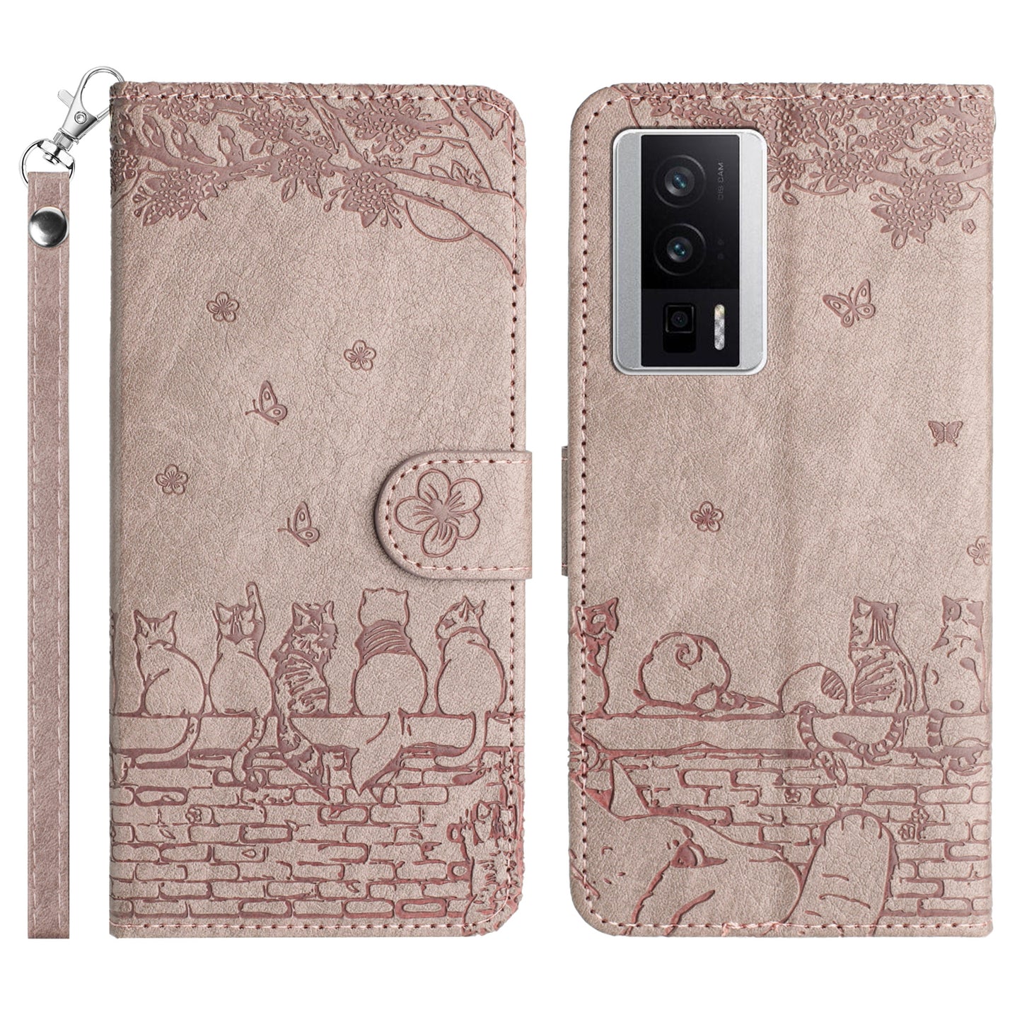 Uniqkart for Xiaomi Poco F5 Pro 5G / Redmi K60 5G / K60 Pro 5G Wallet Leather Phone Case Wall Cats Imprinted Stand Cover with Strap - Smoky Purple