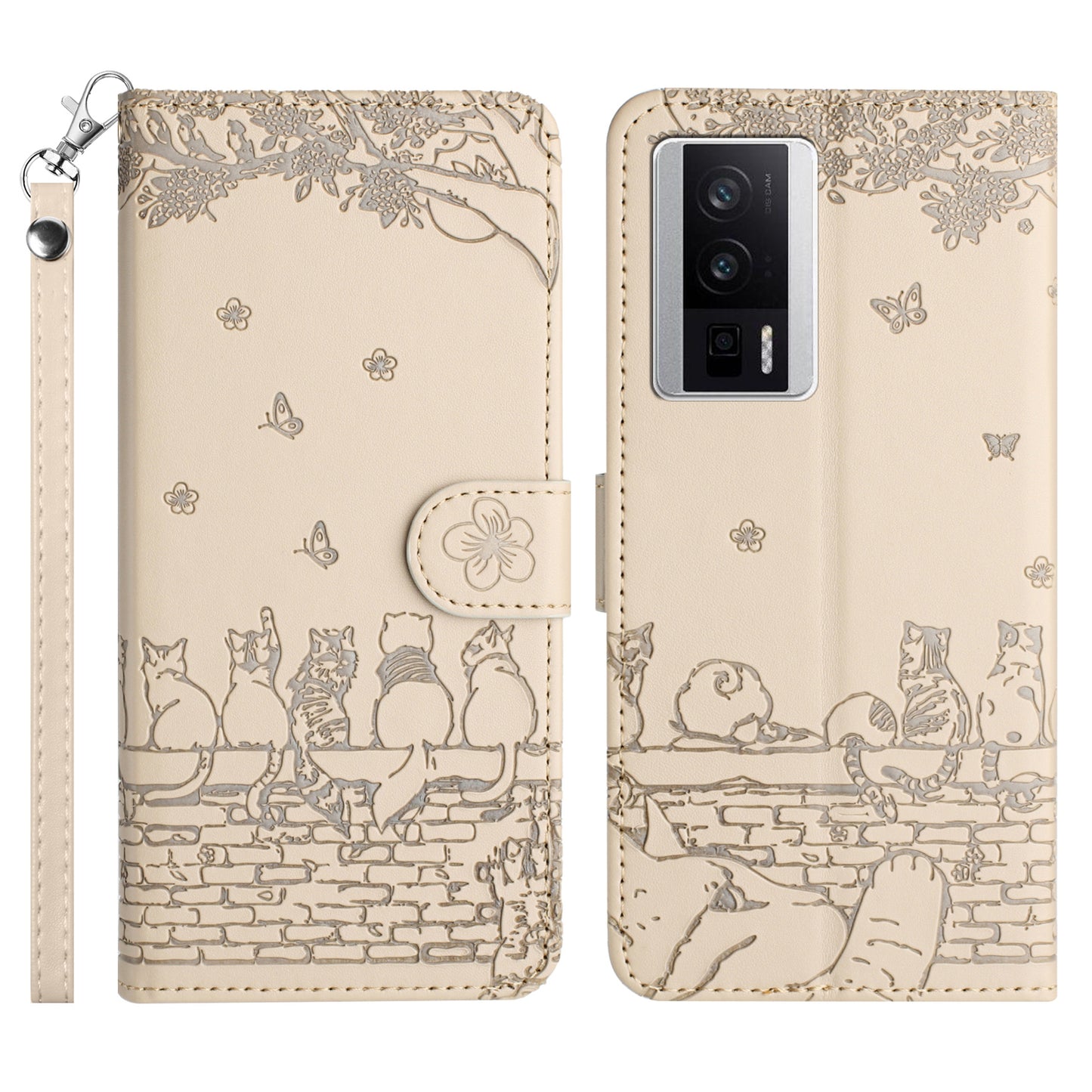 Uniqkart for Xiaomi Poco F5 Pro 5G / Redmi K60 5G / K60 Pro 5G Wallet Leather Phone Case Wall Cats Imprinted Stand Cover with Strap - Apricot