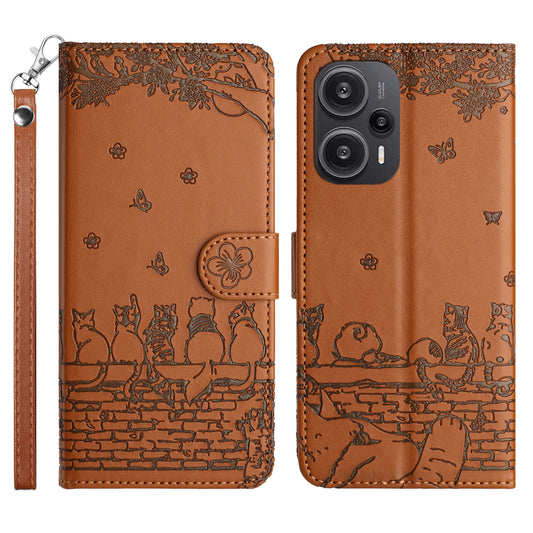 Uniqkart for Xiaomi Poco F5 5G / Redmi Note 12 Turbo Phone Wallet Case PU Leather Wall Cats Imprinted Stand Cover with Strap - Brown