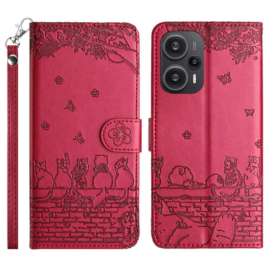 Uniqkart for Xiaomi Poco F5 5G / Redmi Note 12 Turbo Phone Wallet Case PU Leather Wall Cats Imprinted Stand Cover with Strap - Red