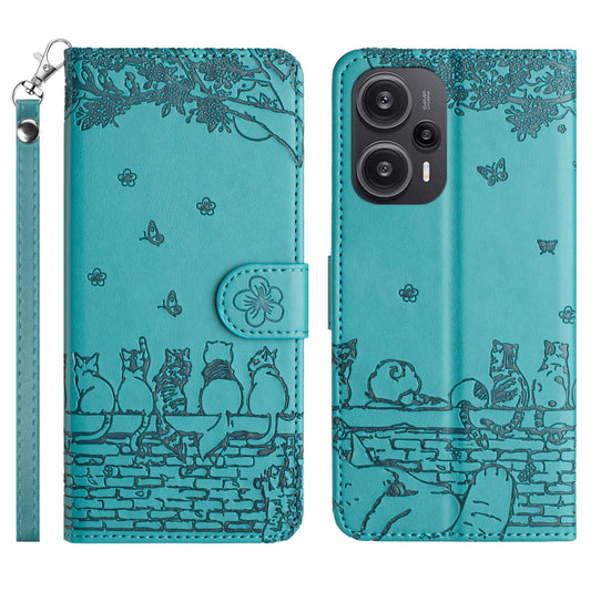 Uniqkart for Xiaomi Poco F5 5G / Redmi Note 12 Turbo Phone Wallet Case PU Leather Wall Cats Imprinted Stand Cover with Strap - Blue