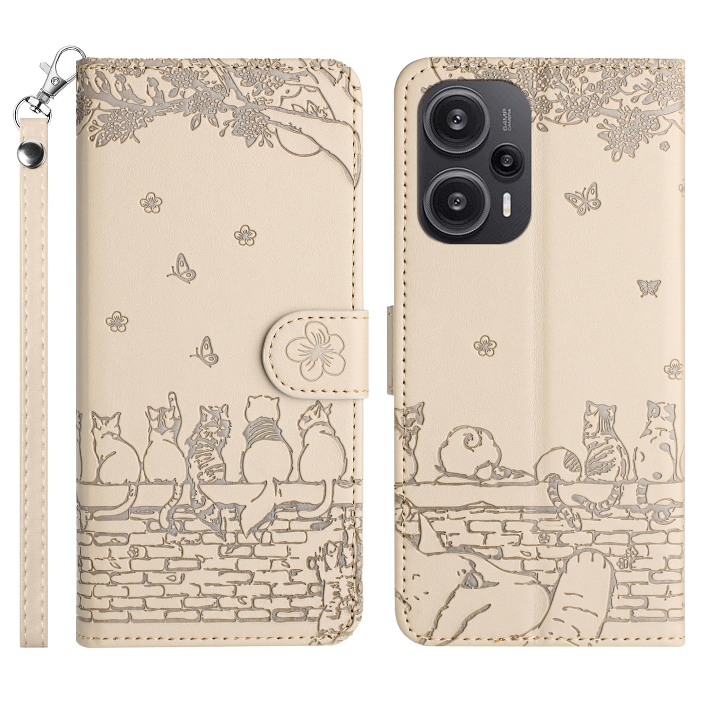 Uniqkart for Xiaomi Poco F5 5G / Redmi Note 12 Turbo Phone Wallet Case PU Leather Wall Cats Imprinted Stand Cover with Strap - Apricot