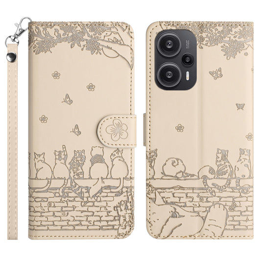 Uniqkart for Xiaomi Poco F5 5G / Redmi Note 12 Turbo Phone Wallet Case PU Leather Wall Cats Imprinted Stand Cover with Strap - Apricot
