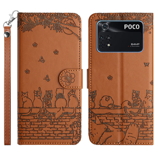 Wall Cats Imprinted Phone Case for Xiaomi Poco M4 Pro 4G , Stand PU Leather Wallet Cover with Strap - Brown