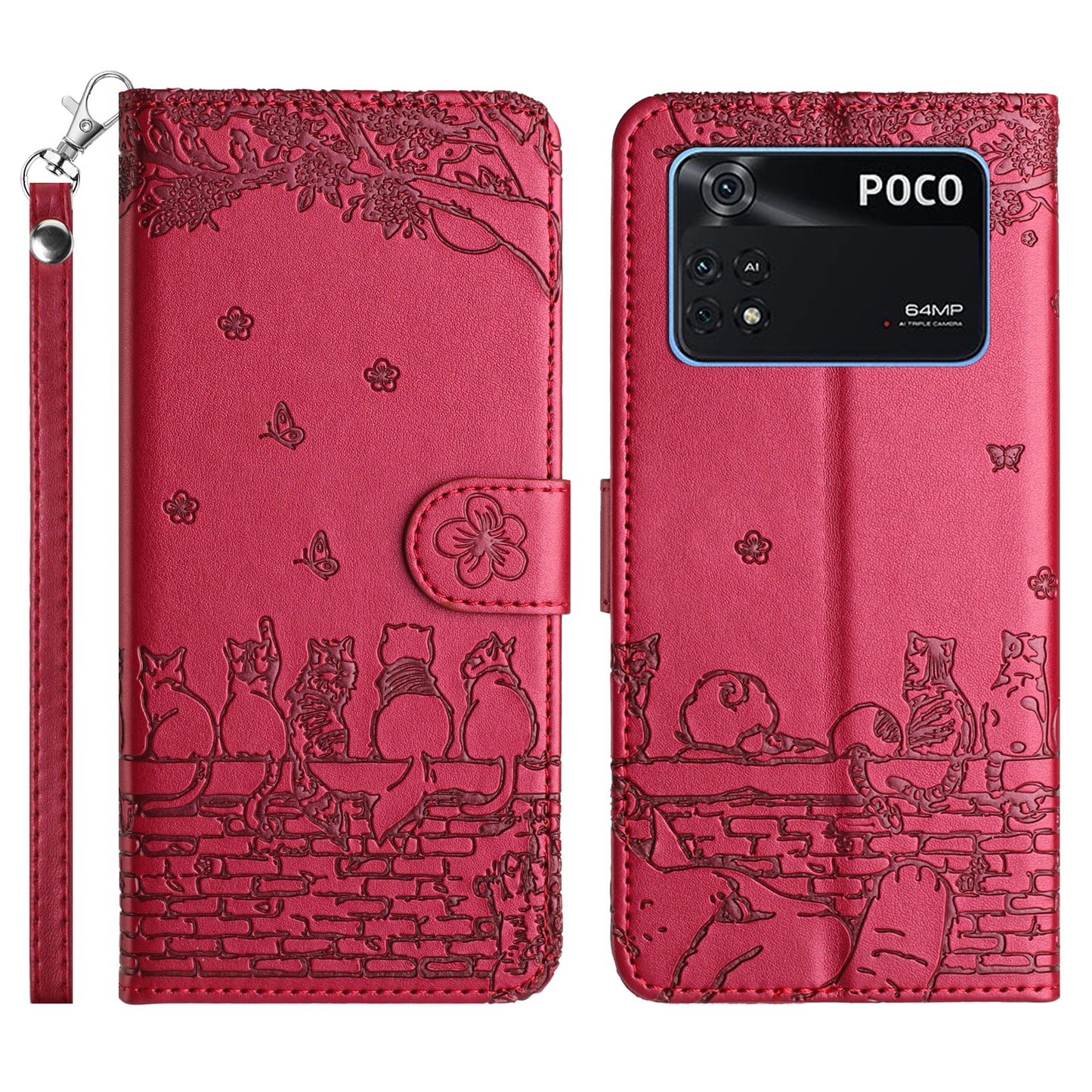 Wall Cats Imprinted Phone Case for Xiaomi Poco M4 Pro 4G , Stand PU Leather Wallet Cover with Strap - Red