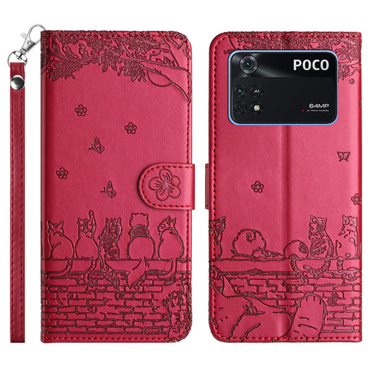 Wall Cats Imprinted Phone Case for Xiaomi Poco M4 Pro 4G , Stand PU Leather Wallet Cover with Strap - Red