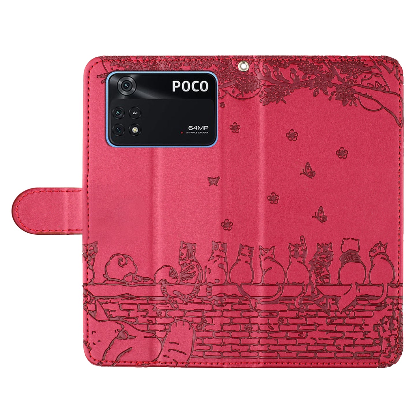 Wall Cats Imprinted Phone Case for Xiaomi Poco M4 Pro 4G , Stand PU Leather Wallet Cover with Strap - Red