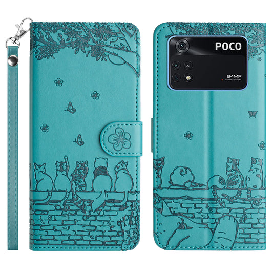 Wall Cats Imprinted Phone Case for Xiaomi Poco M4 Pro 4G , Stand PU Leather Wallet Cover with Strap - Blue