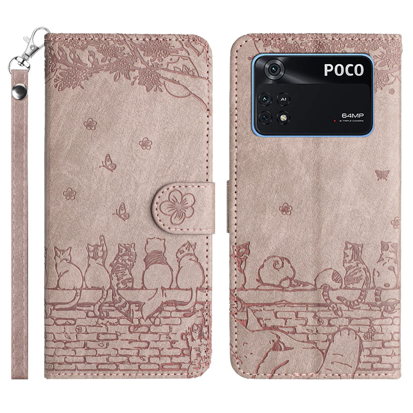 Wall Cats Imprinted Phone Case for Xiaomi Poco M4 Pro 4G , Stand PU Leather Wallet Cover with Strap - Smoky Purple