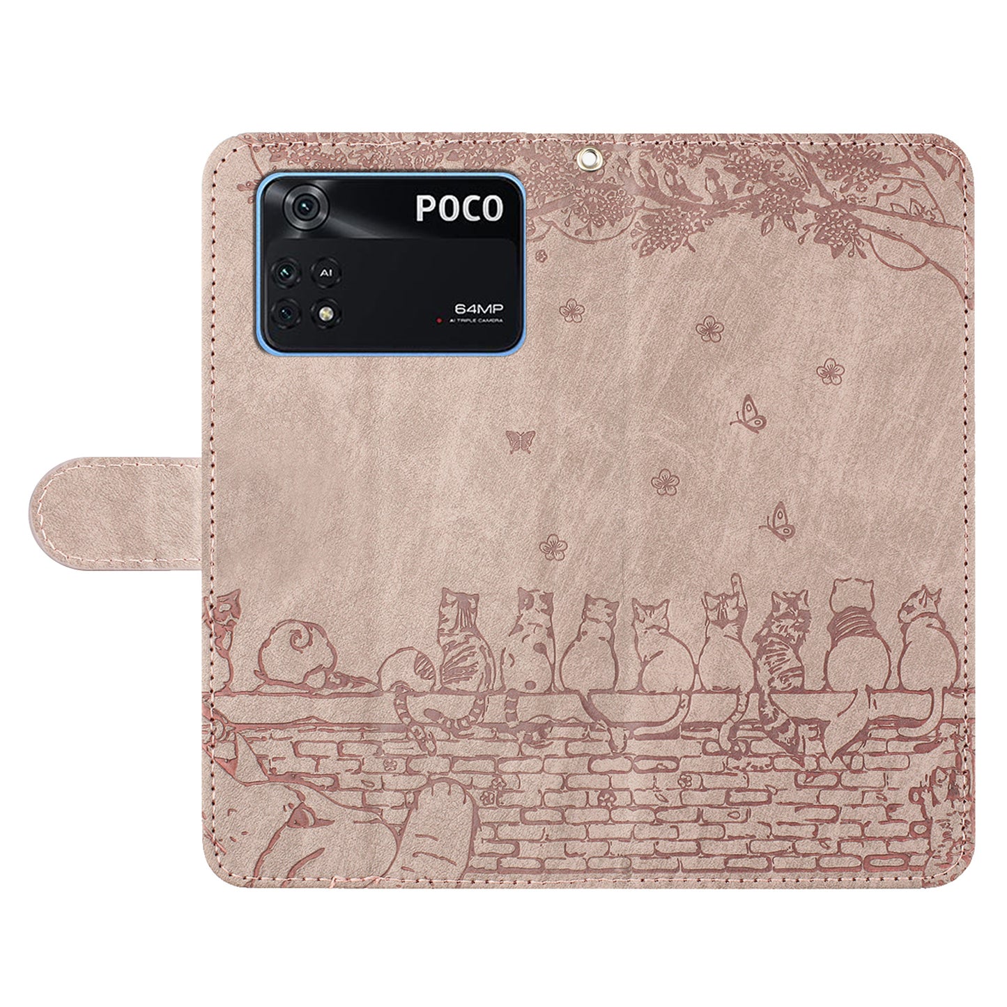 Wall Cats Imprinted Phone Case for Xiaomi Poco M4 Pro 4G , Stand PU Leather Wallet Cover with Strap - Smoky Purple