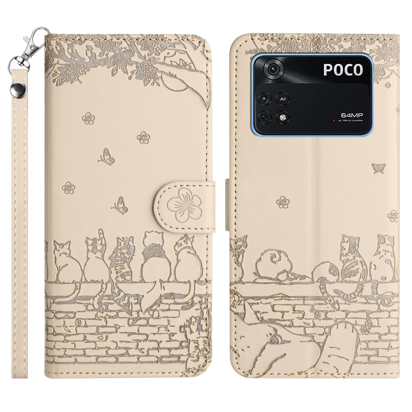 Wall Cats Imprinted Phone Case for Xiaomi Poco M4 Pro 4G , Stand PU Leather Wallet Cover with Strap - Apricot